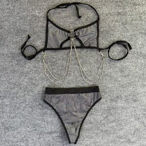 Rolita Couture Rave Set Holographic Silver/Black Chain Halter O-Ring Festival XS